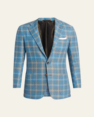 Kiton Men's Cashmere And Linen Graph Check Sport Coat In Blue