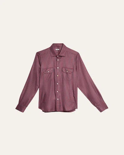 Kiton Men's Cashmere And Silk Small Check Overshirt In Pink