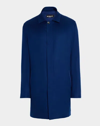 Kiton Men's Cashmere Hidden-zip Overcoat In Blue