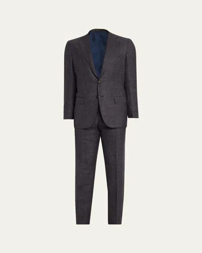 Kiton Men's Cashmere, Silk And Linen Plaid Two-piece Suit In Gray