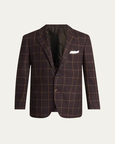 Kiton Men's Cashmere Windowpane Check Single-breasted Sport Coat In Brown