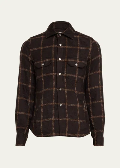 Kiton Men's Cashmere Windowpane Shirt Jacket In Brown