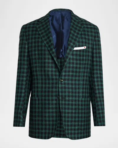 Kiton Men's Cashmere-wool Green And Blue Check Sport Coat