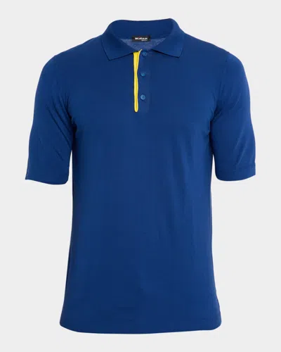 Kiton Men's Contrast-placket Cotton Polo Shirt In Blue