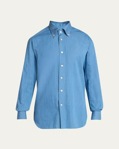 Kiton Men's Cotton Chambray Button-down Shirt In Blue