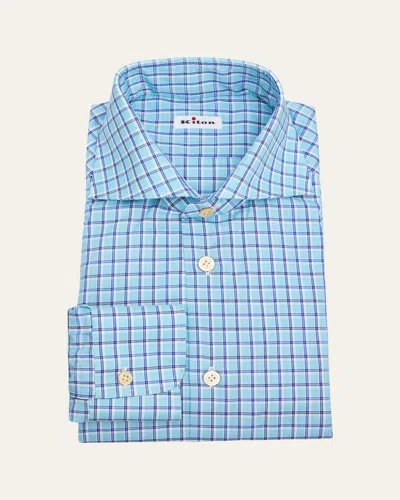 Kiton Men's Cotton Check Classic-fit Dress Shirt In Blue