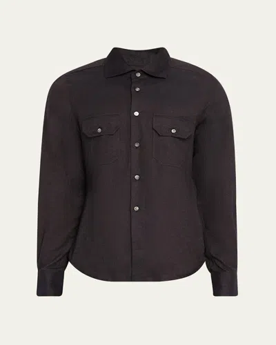 Kiton Men's Cotton Flannel Snap-front Overshirt In Black
