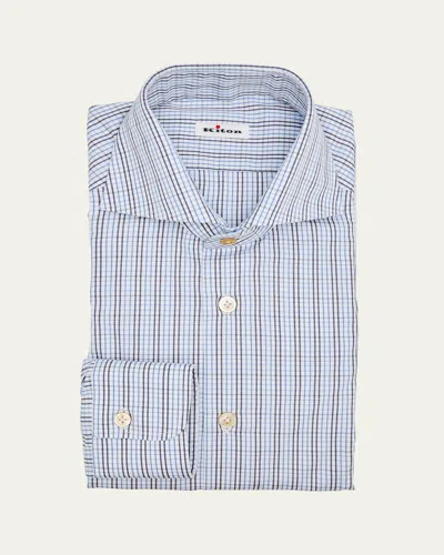 Kiton Men's Cotton Graph Check Spread Collar Dress Shirt In Blue