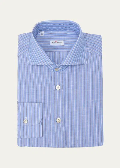 Kiton Men's Cotton-linen Stripe Dress Shirt In Blu Mult