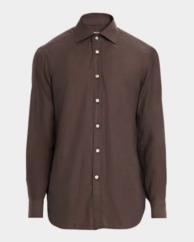 Kiton Men's Cotton Micro-herringbone Sport Shirt In Brown