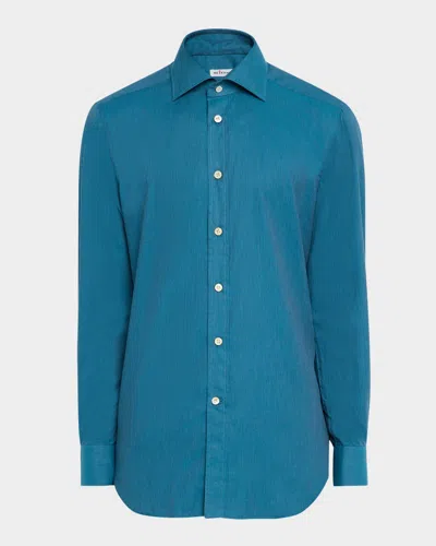 Kiton Men's Cotton Micro-herringbone Sport Shirt In Blue