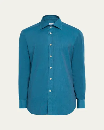 Kiton Men's Cotton Micro-herringbone Sport Shirt In Blue