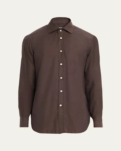Kiton Men's Cotton Micro-herringbone Sport Shirt In Brown