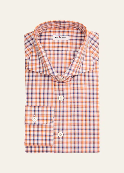 Kiton Men's Cotton Multi-check Dress Shirt In Orange