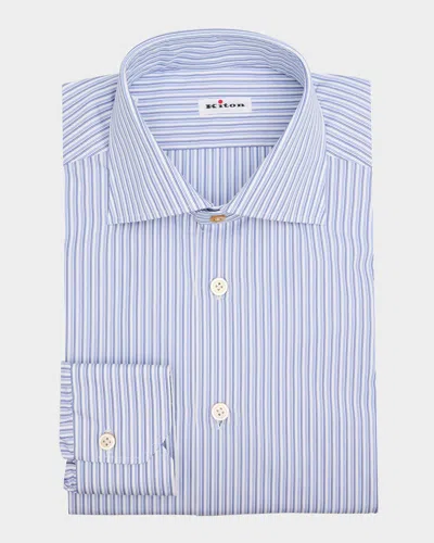 Kiton Men's Cotton Multi-stripe Dress Shirt In Blu