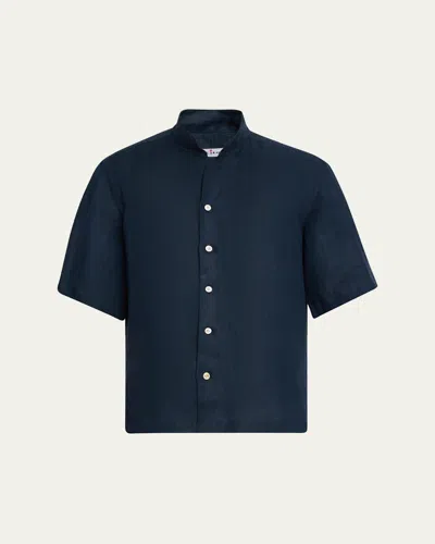 Kiton Men's Cotton Nehru-collar Short-sleeve Shirt In Blue