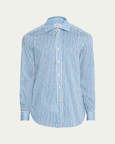 Kiton Men's Cotton Painted Stripe Sport Shirt In Blue