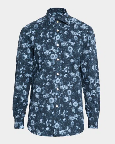 Kiton Men's Cotton Tonal Floral Sport Shirt In Blue