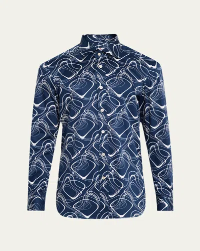 Kiton Men's Cotton Wave-print Sport Shirt In Blue