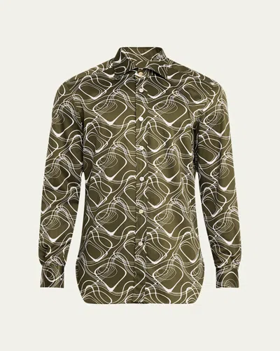 Kiton Men's Cotton Wave-print Sport Shirt In Green