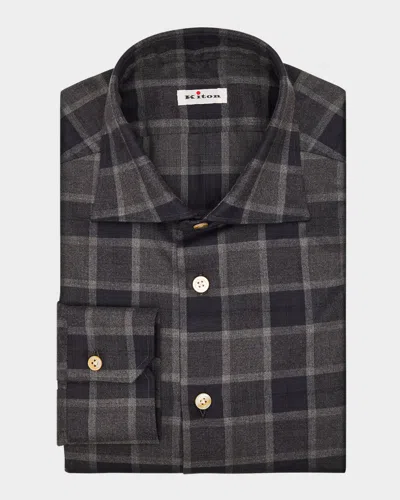 Kiton Men's Cotton Windowpane Check Button-down Shirt In Black