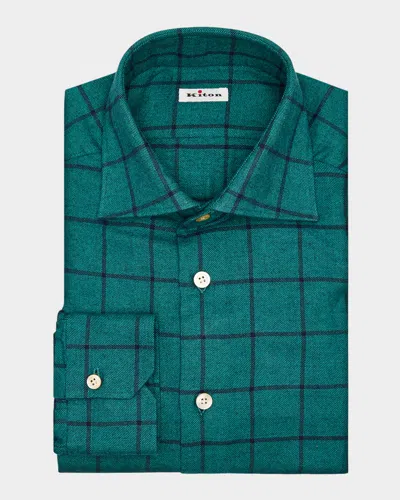 Kiton Men's Cotton Windowpane Check Button-down Shirt In Green