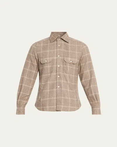 Kiton Men's Cotton Windowpane Double-pocket Button-down Shirt In Neutral