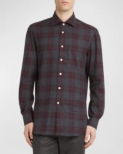 Kiton Men's Flannel Plaid Casual Button-down Shirt In Dk Red Mult