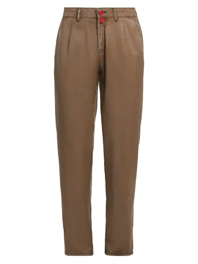 Kiton Men's Flat-front Washed Wool Trousers In Brown