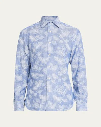 Kiton Men's Floral Linen Button-down Shirt In Blue