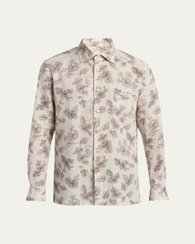 Kiton Men's Floral Linen Button-down Shirt In White