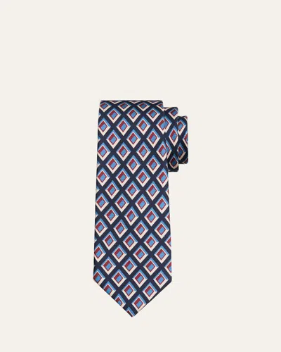 Kiton Men's Geometric Diamond-print Silk Sevenfold Tie In Navy/ Red