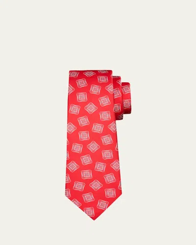 Kiton Men's Geometric Square-print Silk 7-fold Tie In Red