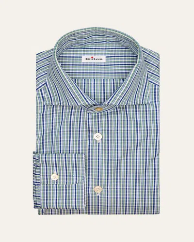 Kiton Men's Graph Check Cotton Spread Collar Dress Shirt In Blue