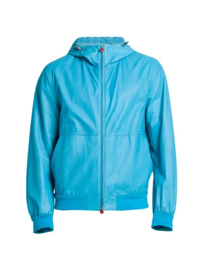 Kiton Men's Hooded Leather Jacket In Sky Blue