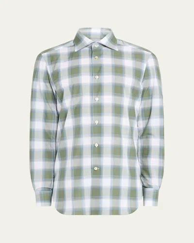 Kiton Men's Large Check Sport Shirt In Green