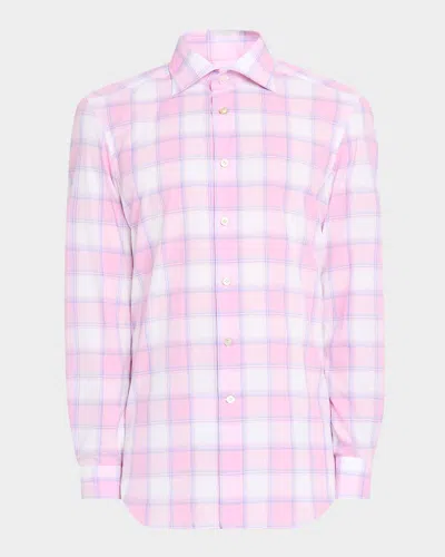 Kiton Men's Large Check Sport Shirt In Pink