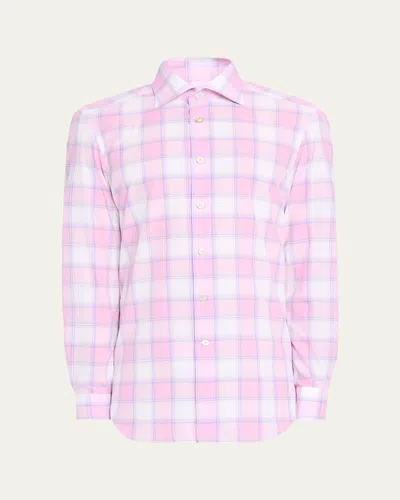 Kiton Men's Large Check Sport Shirt In Pink