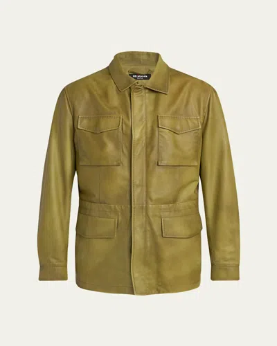 Kiton Men's Leather Flap-pocket Field Jacket In Green