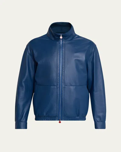Kiton Men's Leather Full-zip Bomber Jacket In Blue