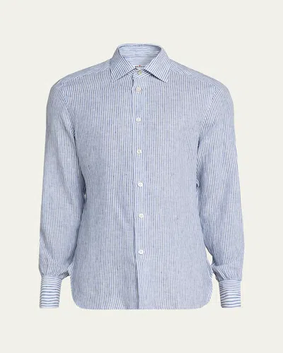 Kiton Men's Linen Bengal Stripe Button-down Shirt In Blue