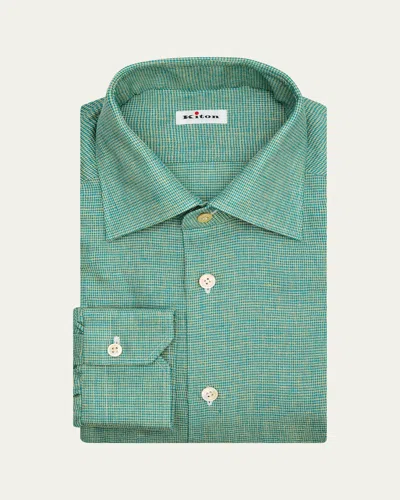 Kiton Men's Linen Blend Micro-houndstooth Dress Shirt In Green