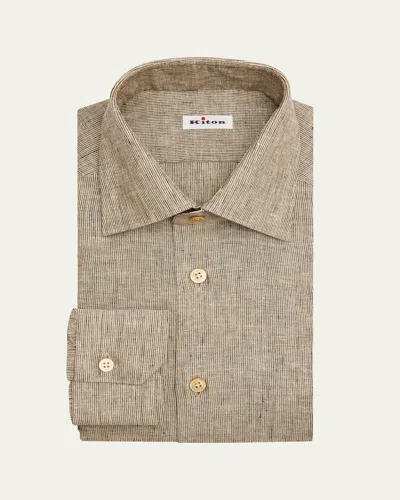 Kiton Men's Linen Blend Micro-stripe Dress Shirt In Brown