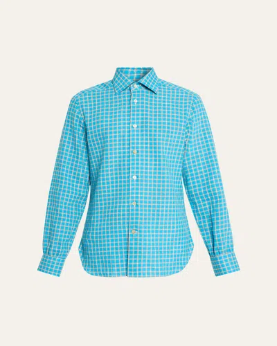 Kiton Men's Linen-blend Plaid Button-down Shirt In Blue