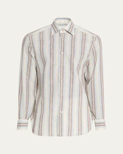 Kiton Men's Linen Blend Wide Stripe Button-down Shirt In Neutral