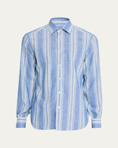 Kiton Men's Linen Blend Wide Stripe Button-down Shirt In Blue