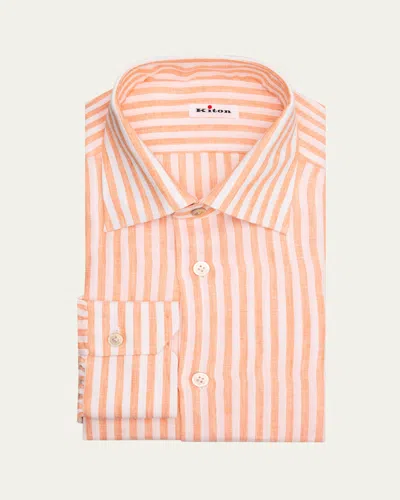 Kiton Men's Linen Candy Stripe Dress Shirt In Orange