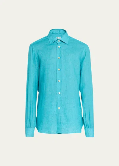 Kiton Men's Linen Casual Button-down Shirt In Blue