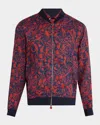 Kiton Men's Linen Coral-print Full-zip Bomber Jacket In Red