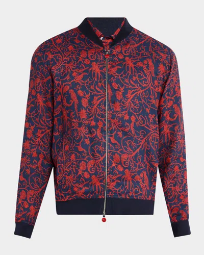 Kiton Men's Linen Coral-print Full-zip Bomber Jacket In Red